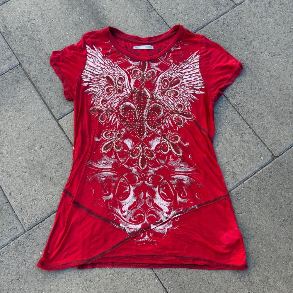 Maurices Red Wing Graphic Tee Rhinestone Foil Y2K Asymmetrical Hem Top Large